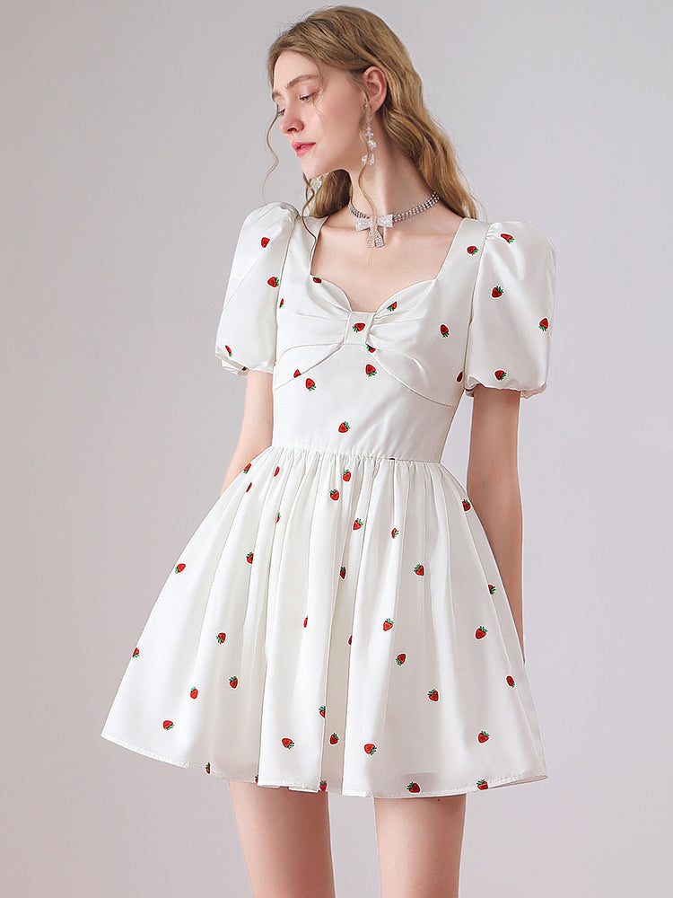 Strawberry Cute Fluffily Puff-Sleeve Retro One-Piece