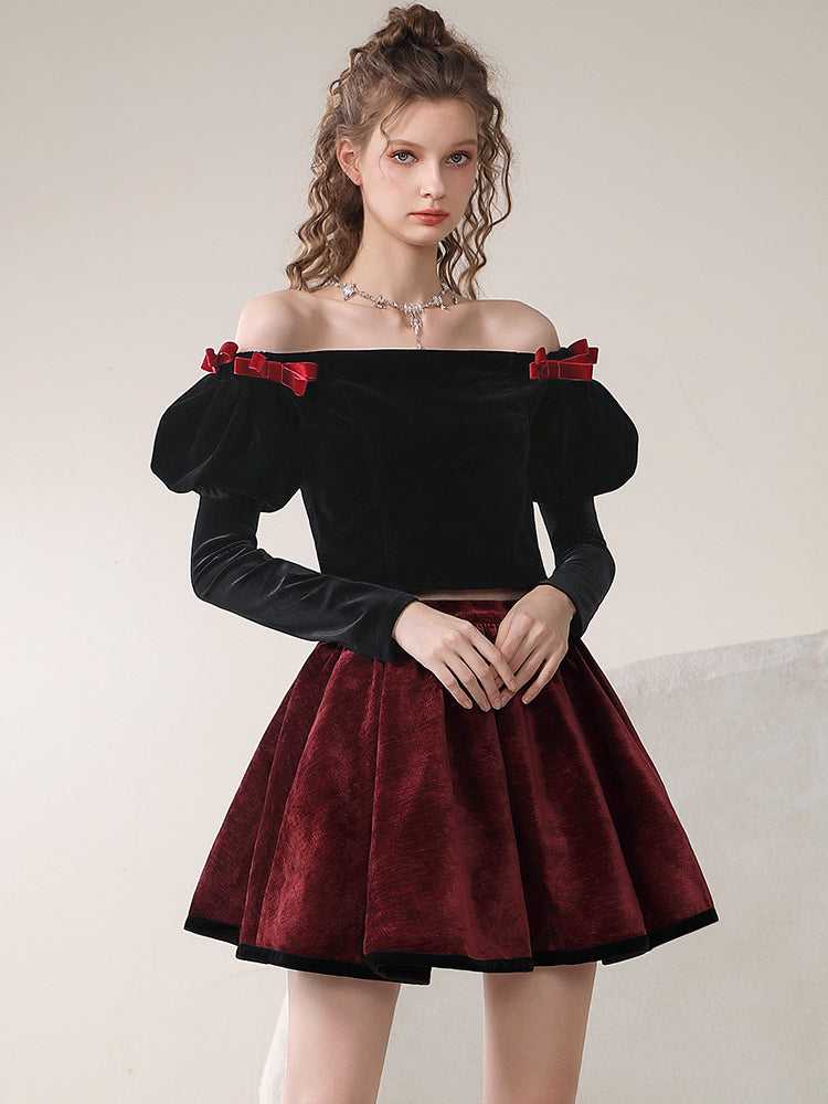 Puff-Sleeve Of-Shoulder Balloon Contrast Ribbon Blouse＆Mini-Skirt