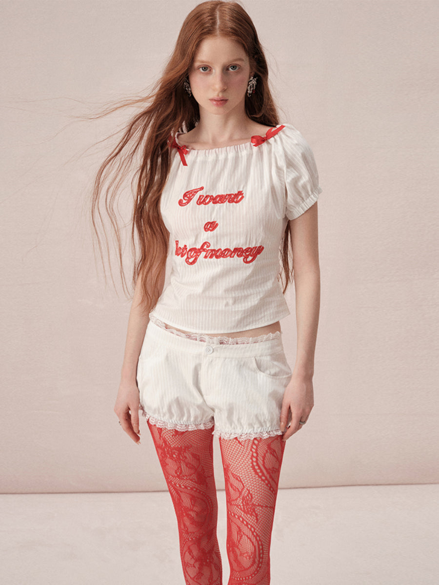 Casual Puff-Sleeve Lace Ribbon Casual T-Shirt＆Short-Pants