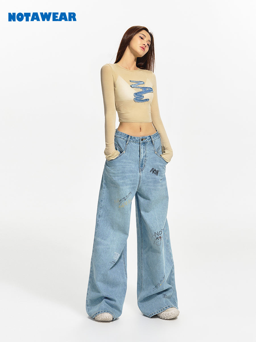 Logo Wide-Leg Denim Casual Loose Pants