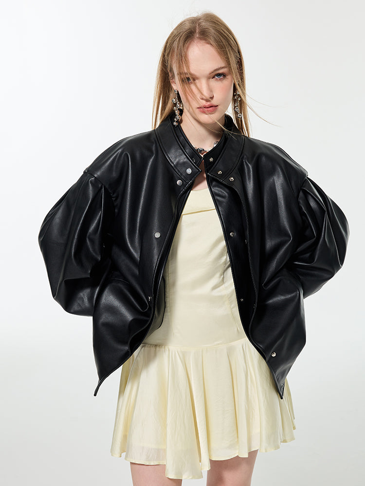 Smooth Middle Cool Simple Oversize Letaher-Jacket