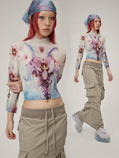 Floral Cropped Stretch Retro Colorful Bottle-Neck Knit