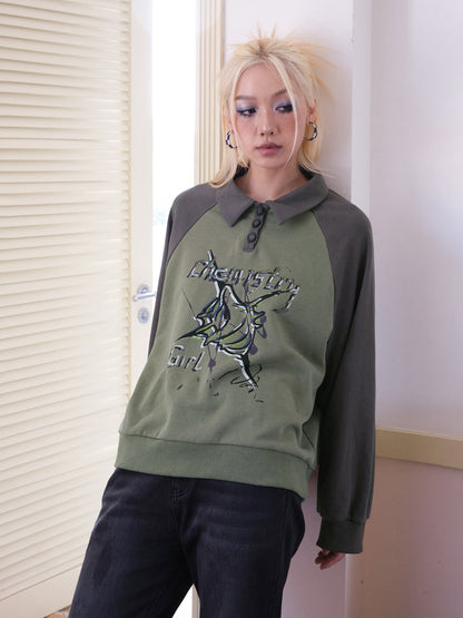 Polo-Neck Casual Retro Sweat Pullover