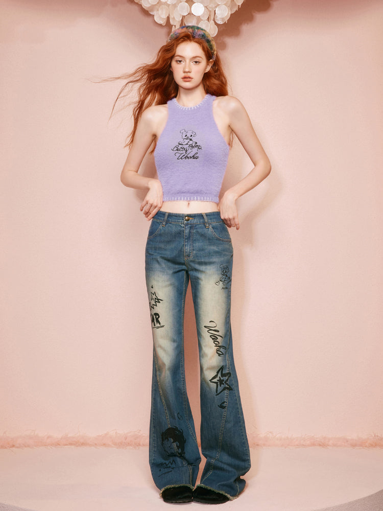 Betty Denim Casual Faded Strait Flare-Pants