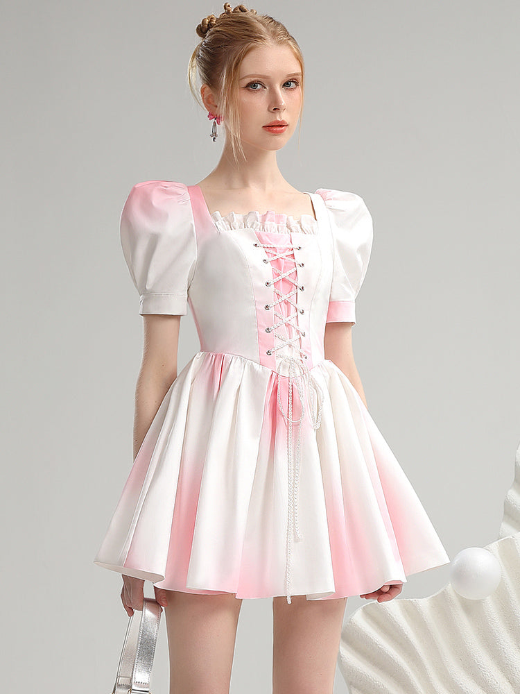 Speckled Lace-Up Puff-Sleeve Princess Frill Short One-Piece