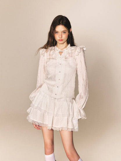 Feminine Frill Candy-Sleeve Ribbon Lace Blouse