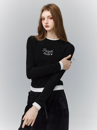 Fake-Layered Crew-Neck Embroidery Chic Warm Cutsew