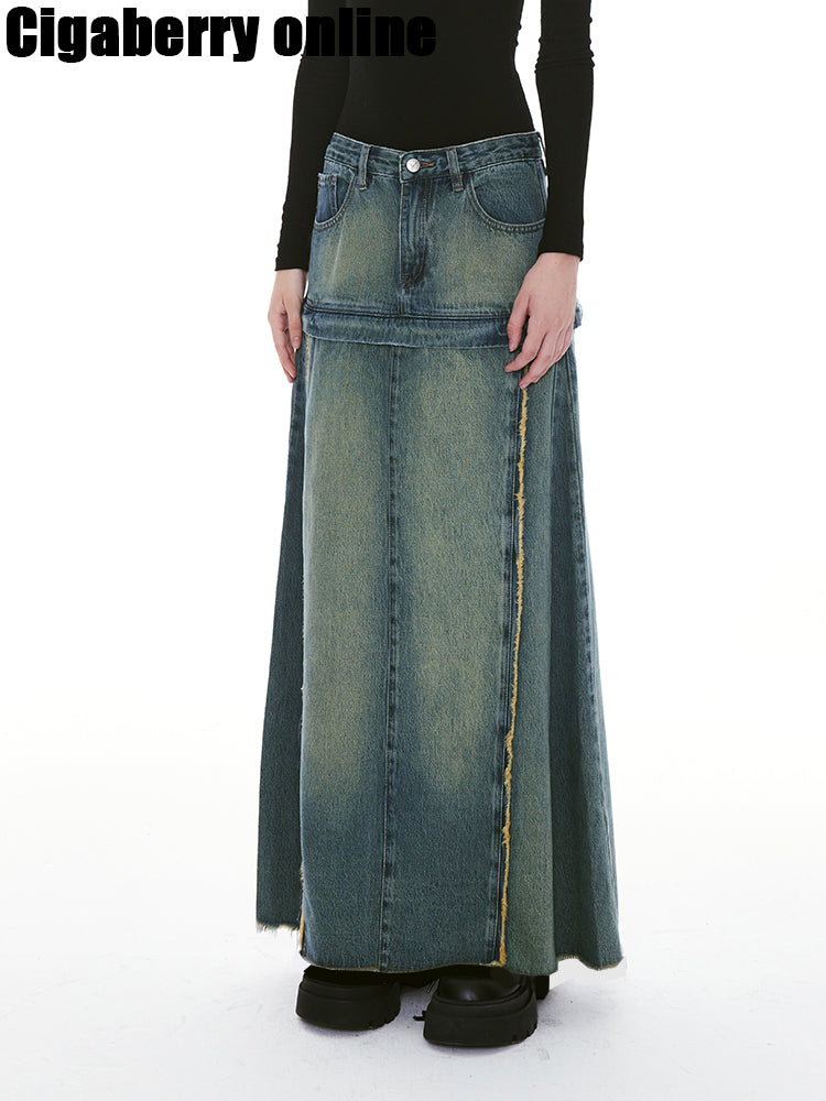 2WAY UNIQUE DENIM VINTAGE COURT Longue jupe longue