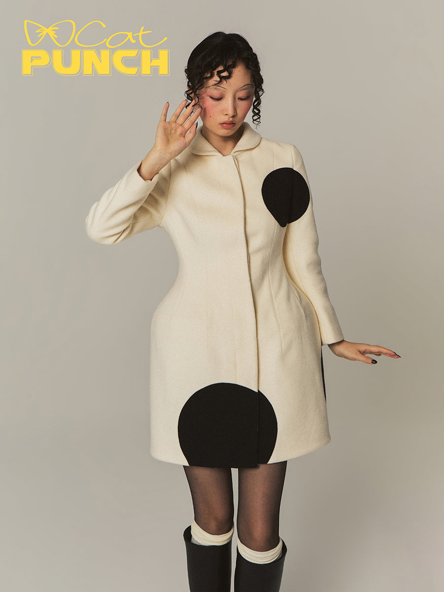 Bi-Color Retro Retro Dot Circle Wool Chic Coat