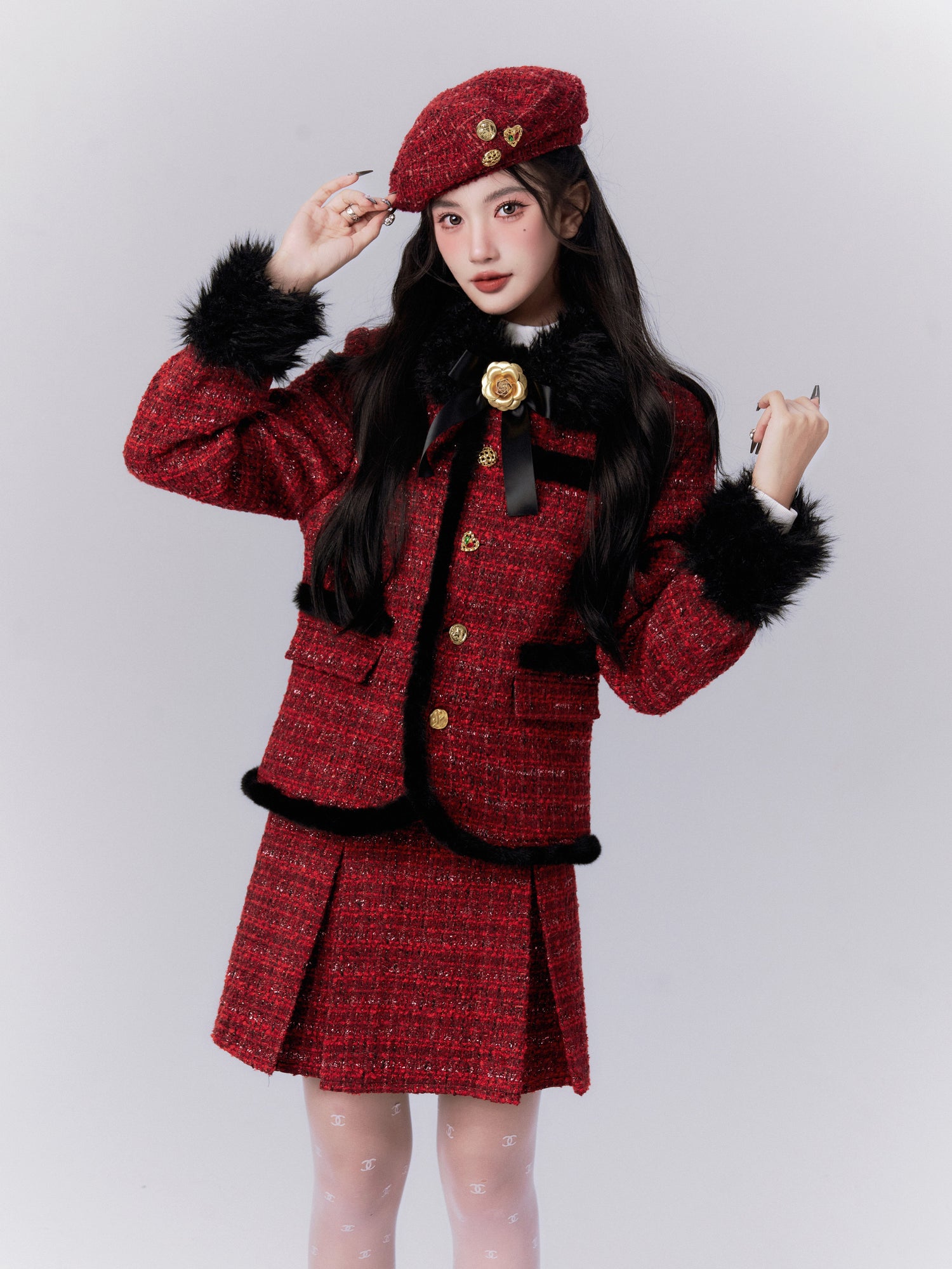 Wool Checked Retro Girly Suit Fur Ribbon Set-Up Jacket＆Mini-Skirt