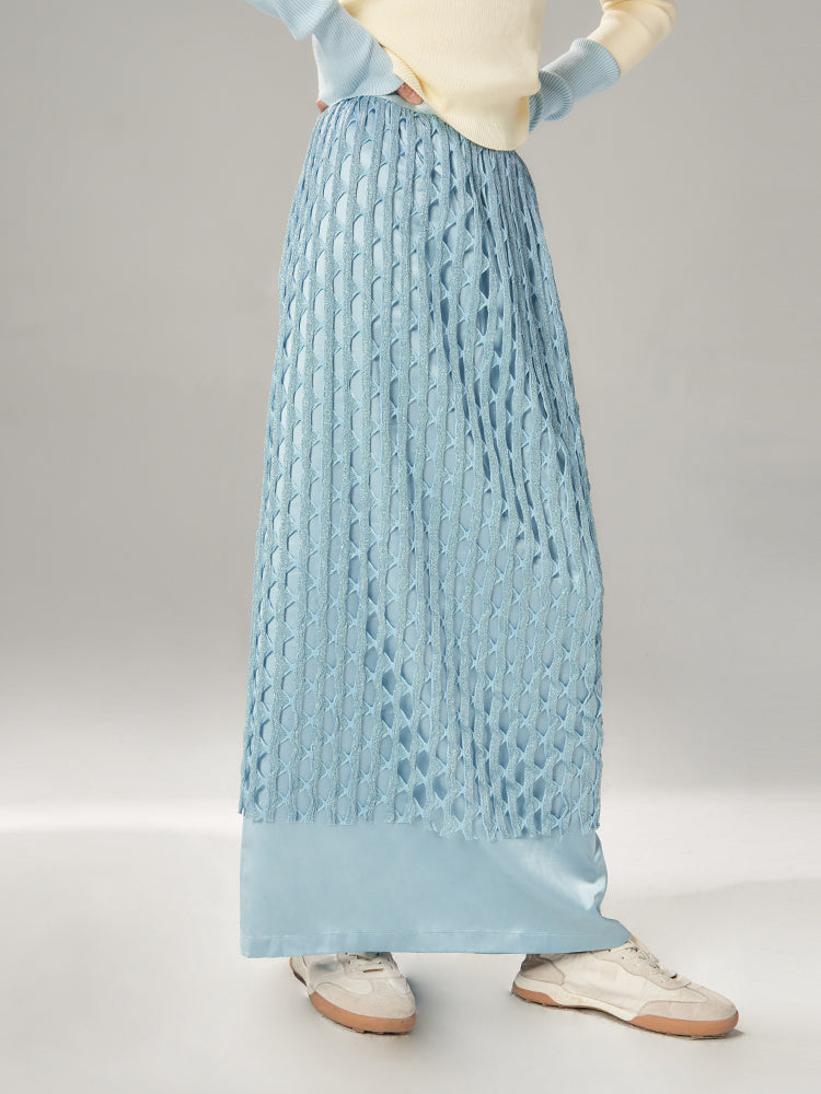 Sparkly Mesh Knit Unique Nichi Plain Satin Long-Skirt