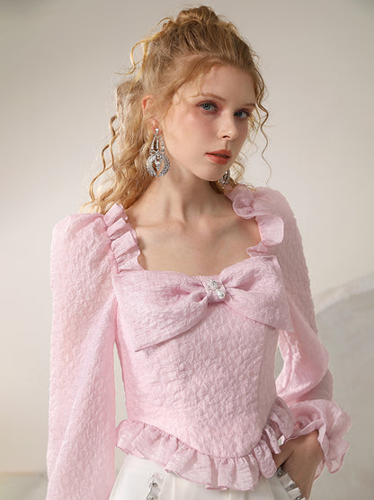 Candy-Sleeve Ribbon Bijou Ciffon Frill Blouse