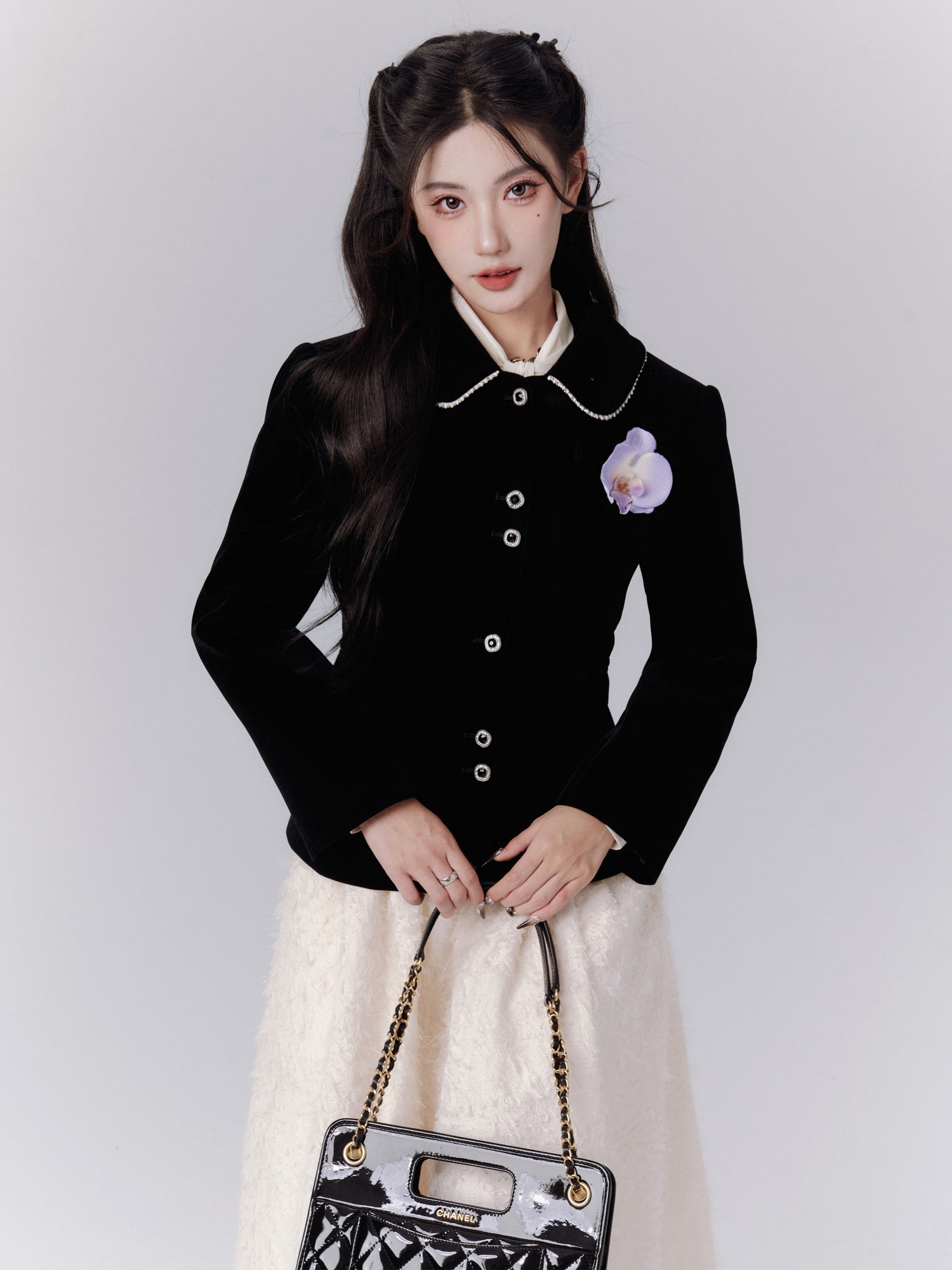 Velvet Formal Classy Flower-Broach Curve Jacket