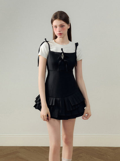 Tiered Pleats Frill Camisole Shoulder-Ribbon Plain Short Dress