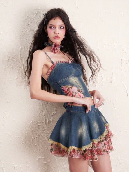 Denim Flower Mix Asymmetry Ciffon Feminine Tops&amp;Mini-Skirt