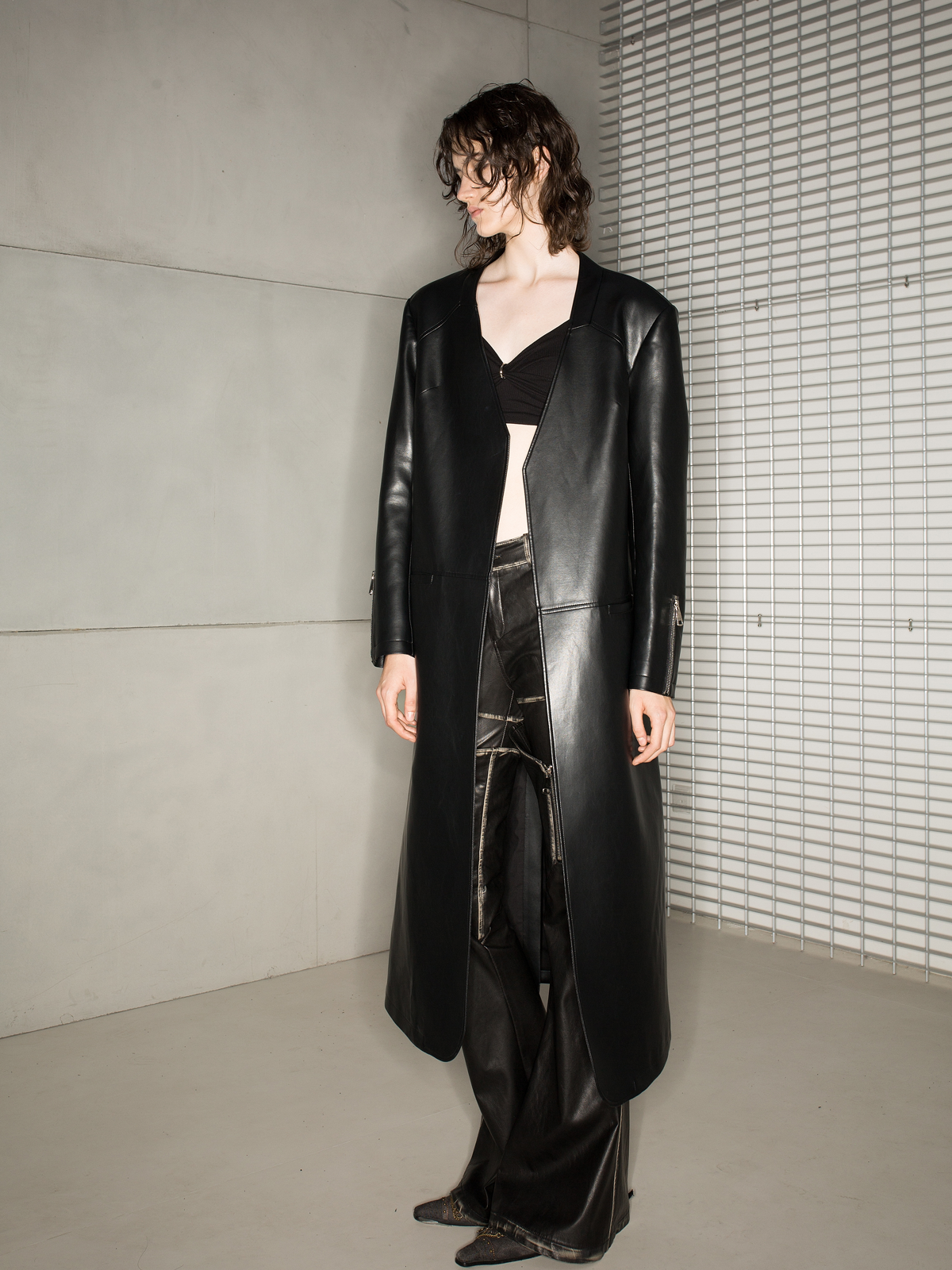 Leather Cool No-Collar Smooth Long-Coat