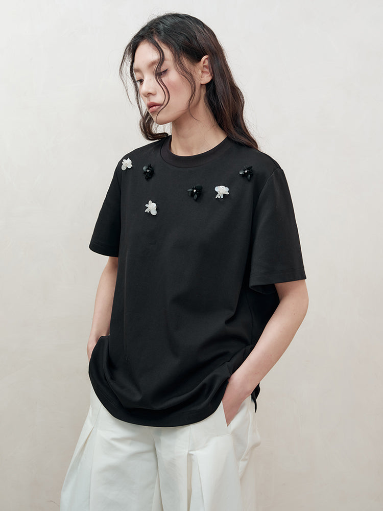 Beads Crew-Neck Crystal Flower Nichi T-Shirt