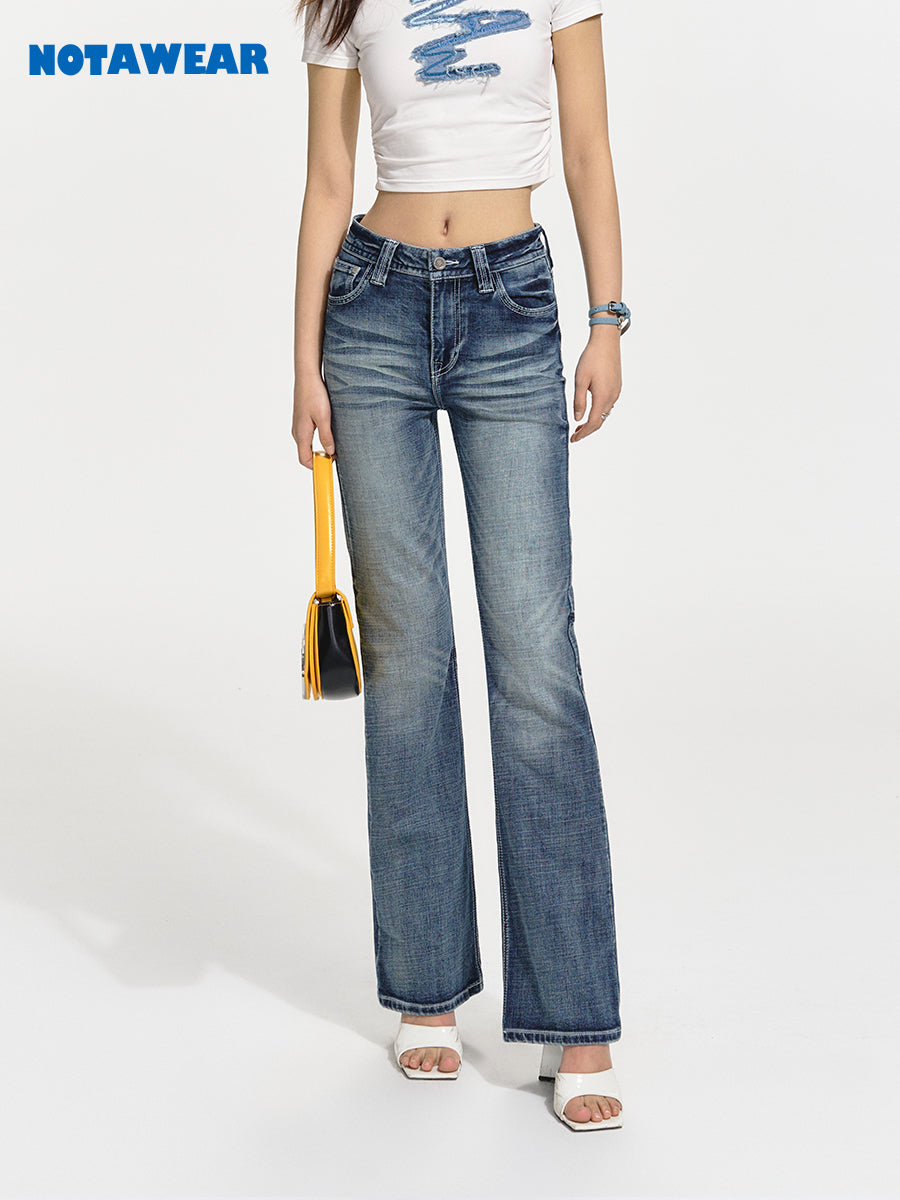 FADED DENIM STRAIGHT CASUAL PANTS