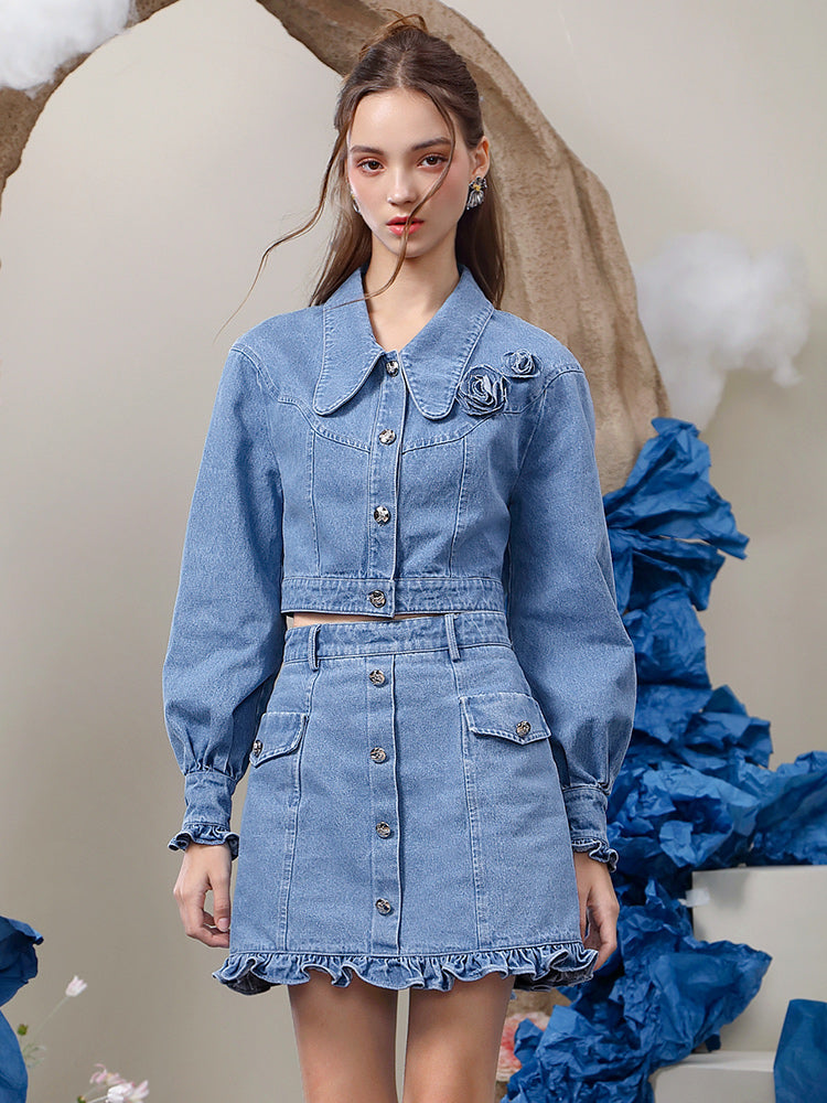 Blouse＆Mini-Skirt Denim Casual Frill Flower Set-Up