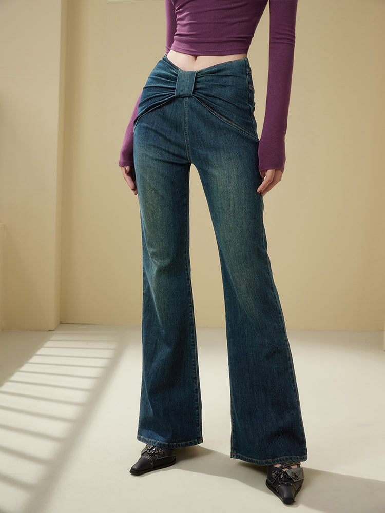 Denim Slim Ribbon sammeln lässige Flare-Hose