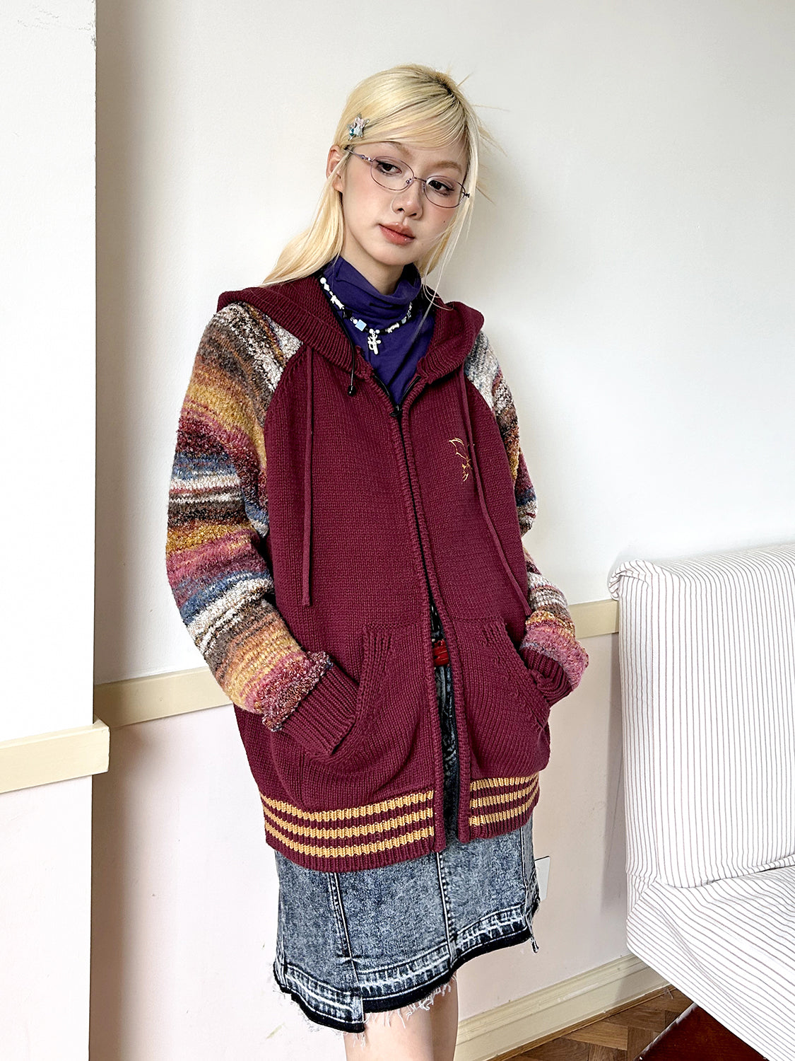 Double-Zip Colorful Hoodie Casual Retor Cardigan