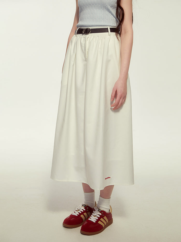 Embroidery Elastic-Waist Flare Simple Long-Skirt