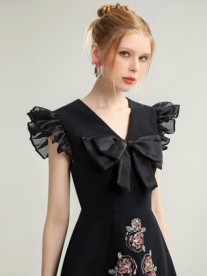 Flower Embroidery Flare Ribbon Frill Sweet Dress