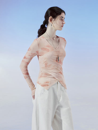 Tie-Dye Cache-Coeur Pale-Tone Asymemtry Slim Cutsew