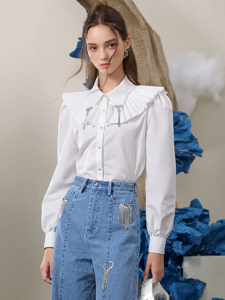 Pleats-Collar Ribbon Bijou Cute Blouse