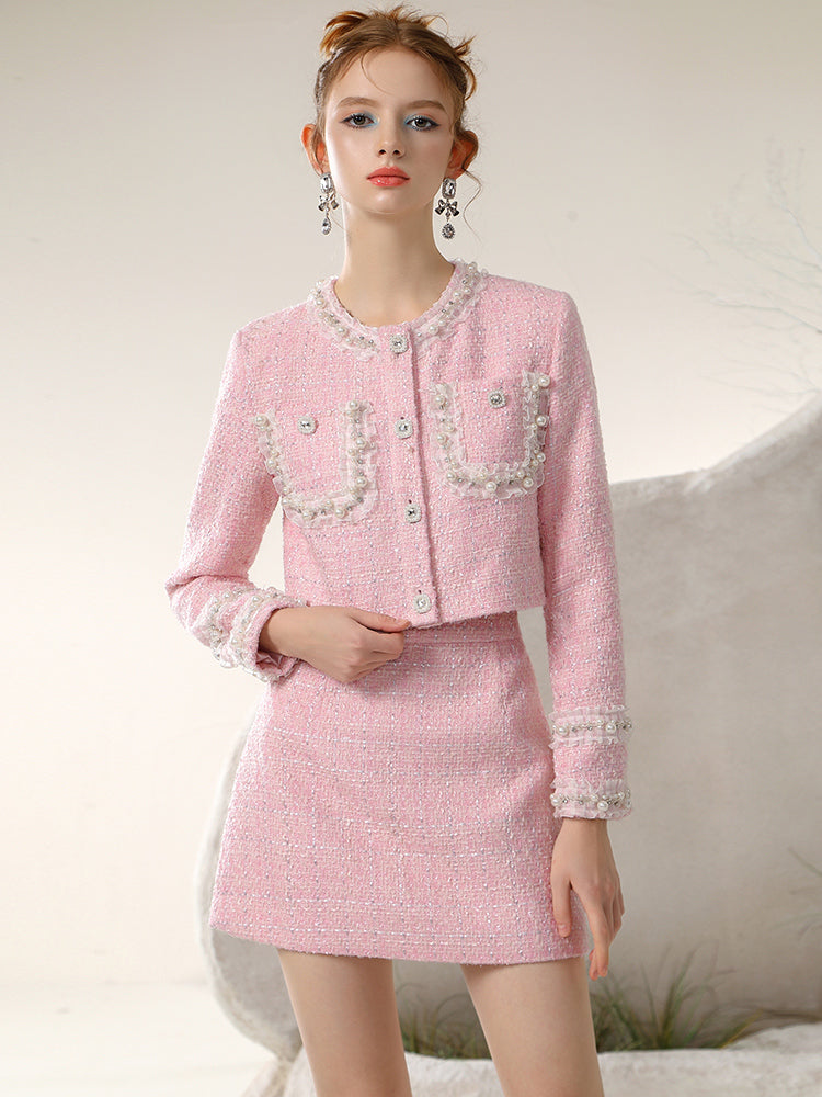 Jacket＆Mini-Skirt Tweed Suit Feminine Lace Pearl Frill Set-Up