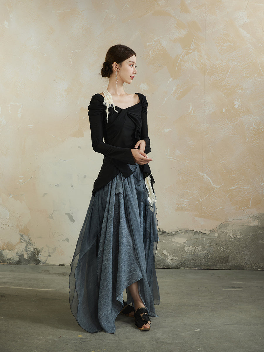 Asymmetry Romantic Ciffon Volume Flare Elegant Fluffily Long-Skirt