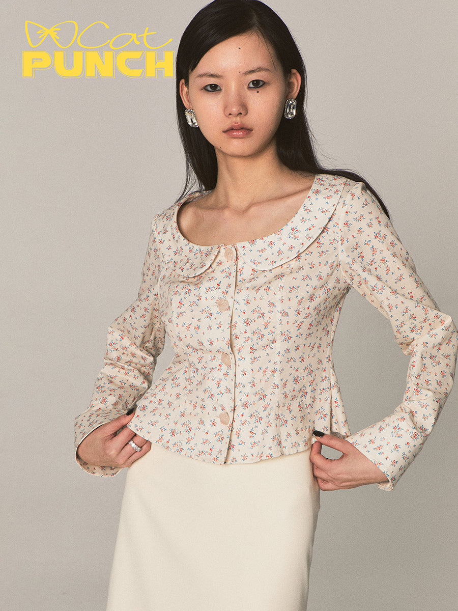 Flower Round-Collar Round-Necl Retro Cute Bouse