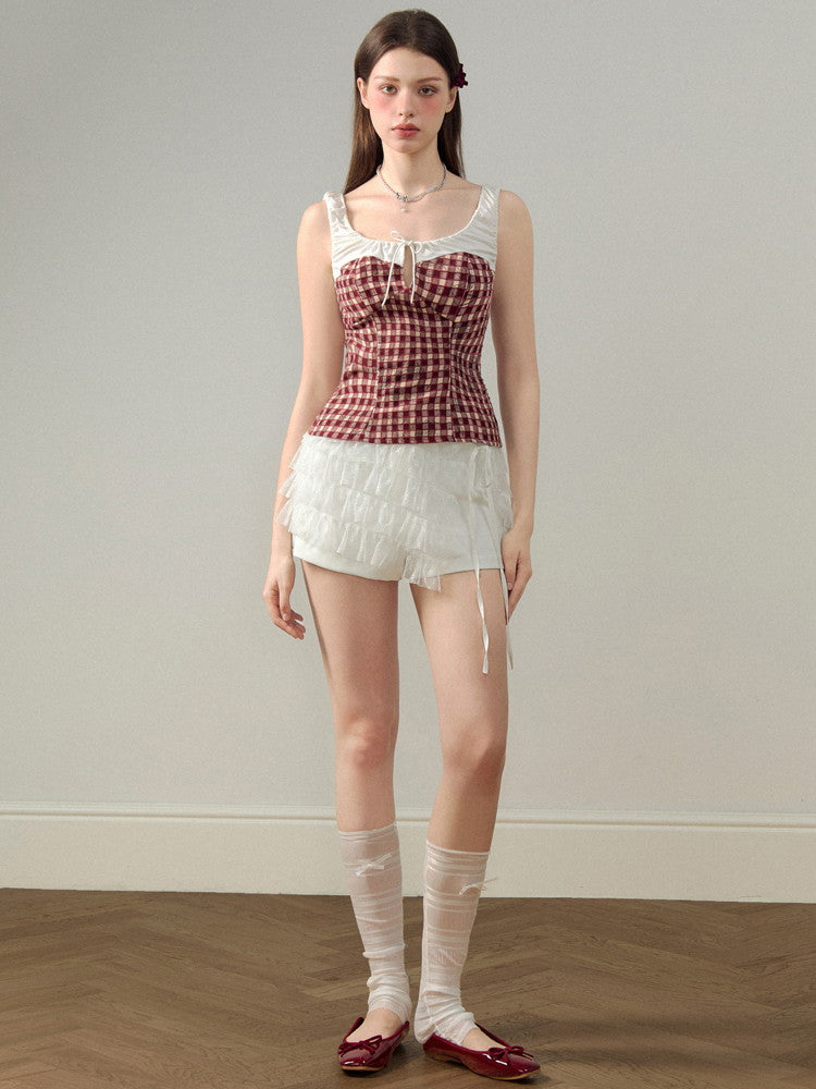 Set-Up Checked Lace No-Sleeve Slim Girly Tops＆Short-Pants