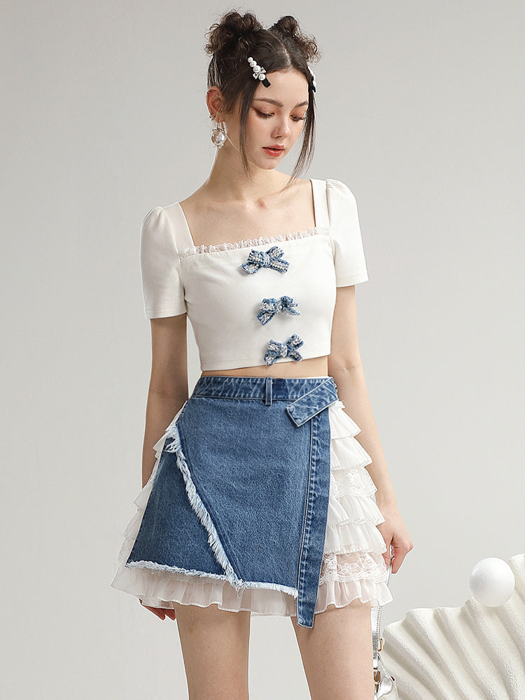 Set-Up Ribbon Lace Tiered Cake Casual Short-Tops＆Mini-Skirt