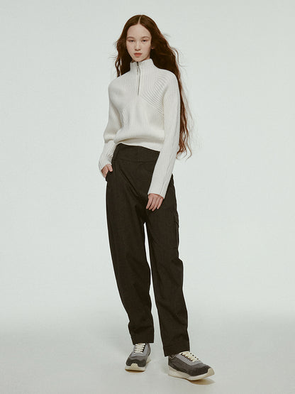 High-Neck Simple Plain Half-Zip Rib-Knit