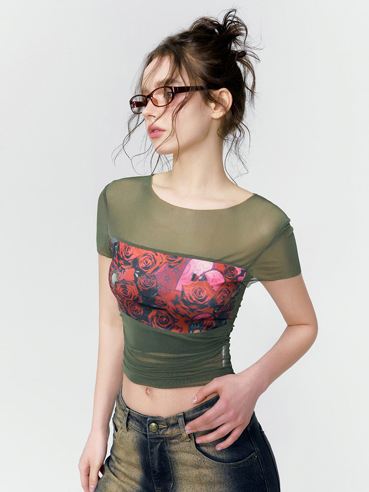 Rose Sheer Cropped Tight Print-T-Shirt