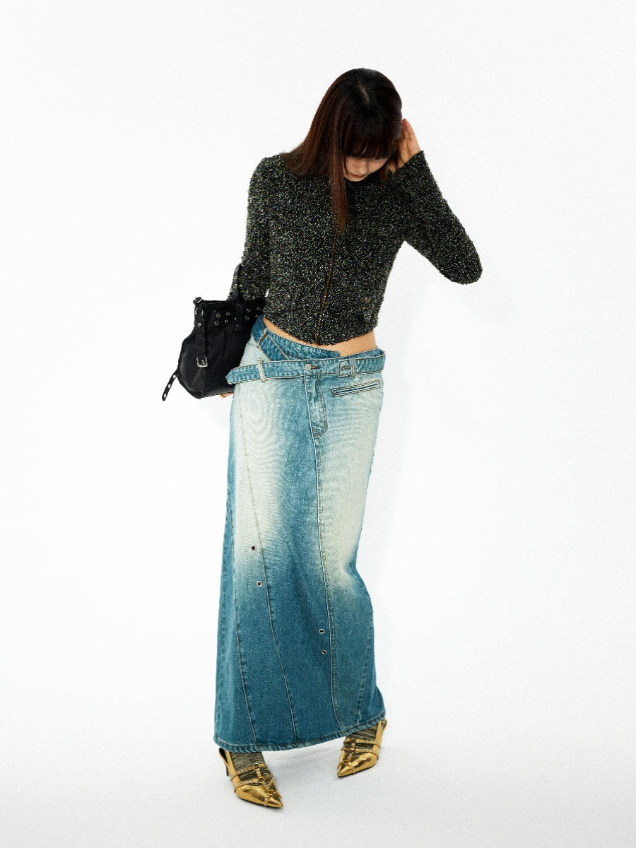 Faded-Denim Pencil-Skirt Casual Maxi Long-Skirt