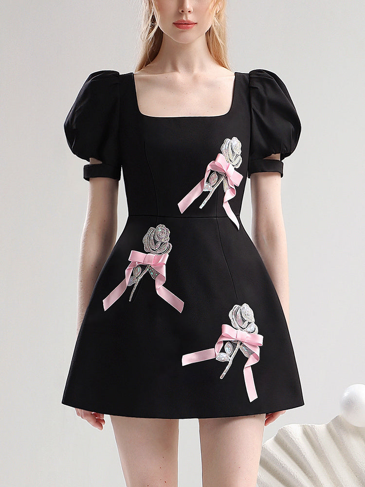 Ribbon Flower Puff-Sleeve Short Flare Dress