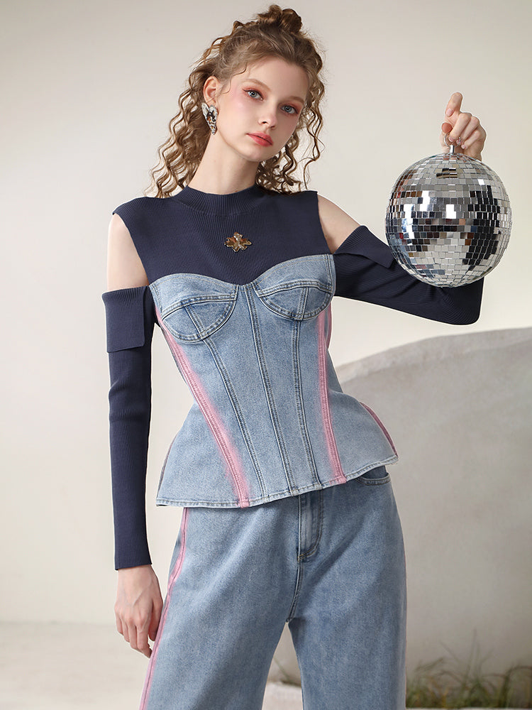 Denim Open-Shoulder Casual Peplum Tops＆Pants