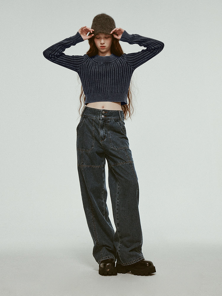 Stitch High-Waist Denim Straight Casual Loose Pants