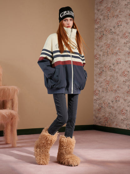 Tricolor Stand-Collar Casual Retro Oversize Jacket