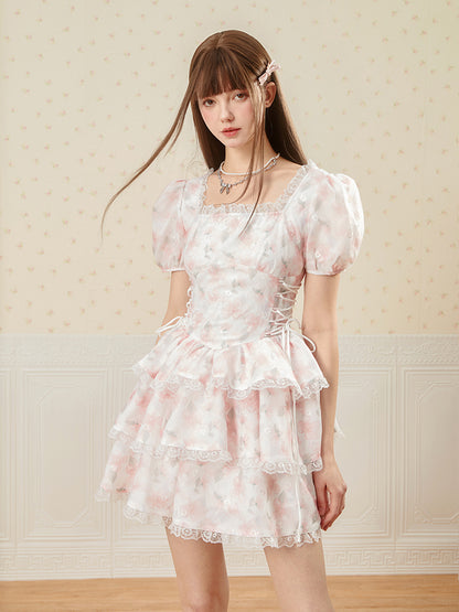 Flower Lace-Up Puff-Sleeve Feminine Tiered Lace Dress