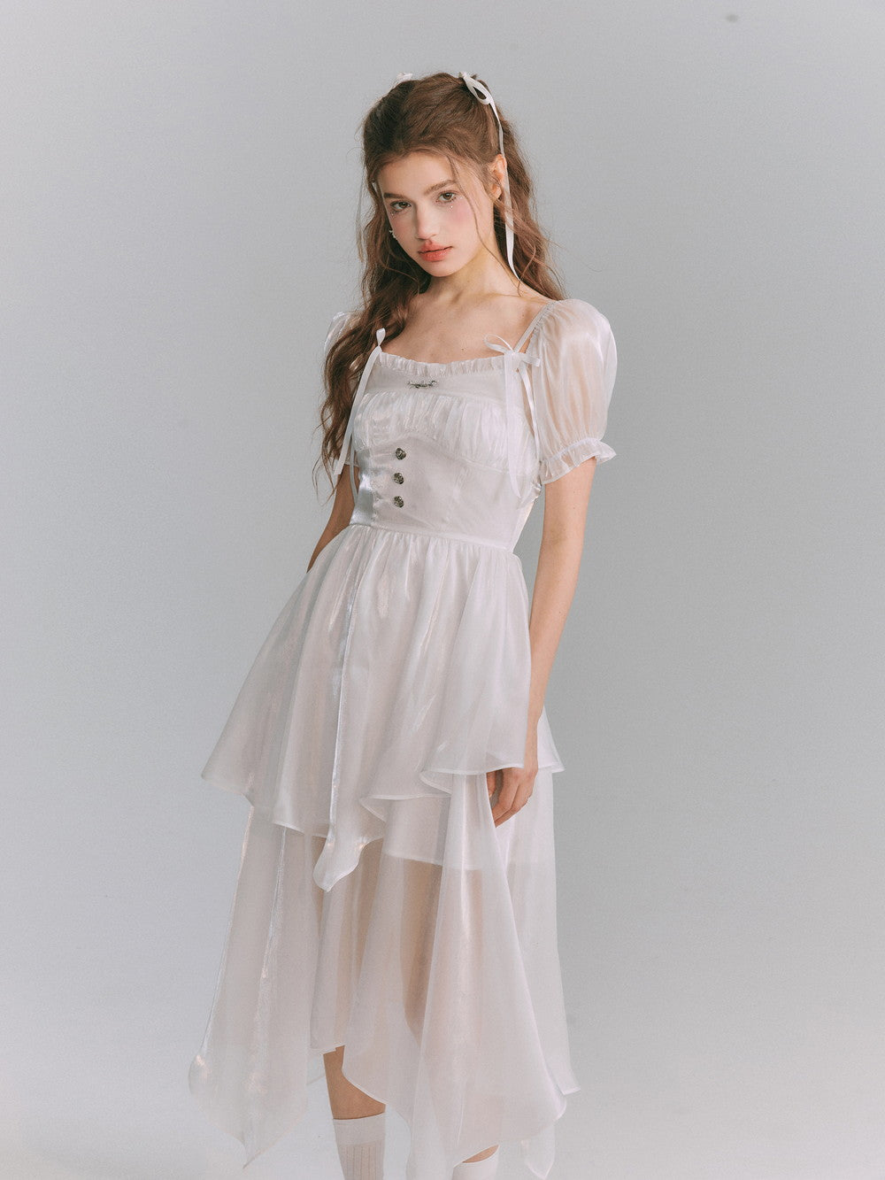 Sheer Puff-sleeve Tiered Asymemtry Long One-piece