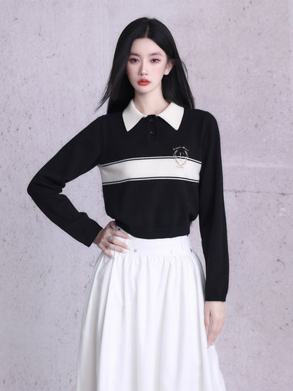 Polo-Neck Retro Monotone Knit&amp;Long-Skirt