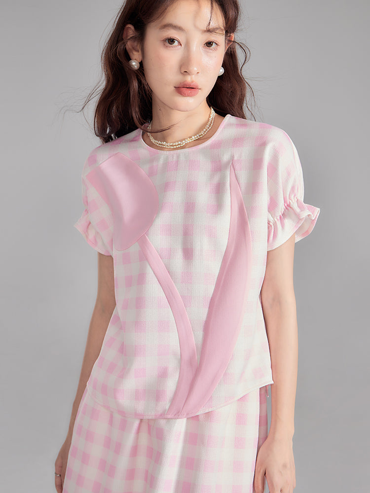 Checked Tulip Girly Candy-Sleeve Blouse &amp; Long-Skirt