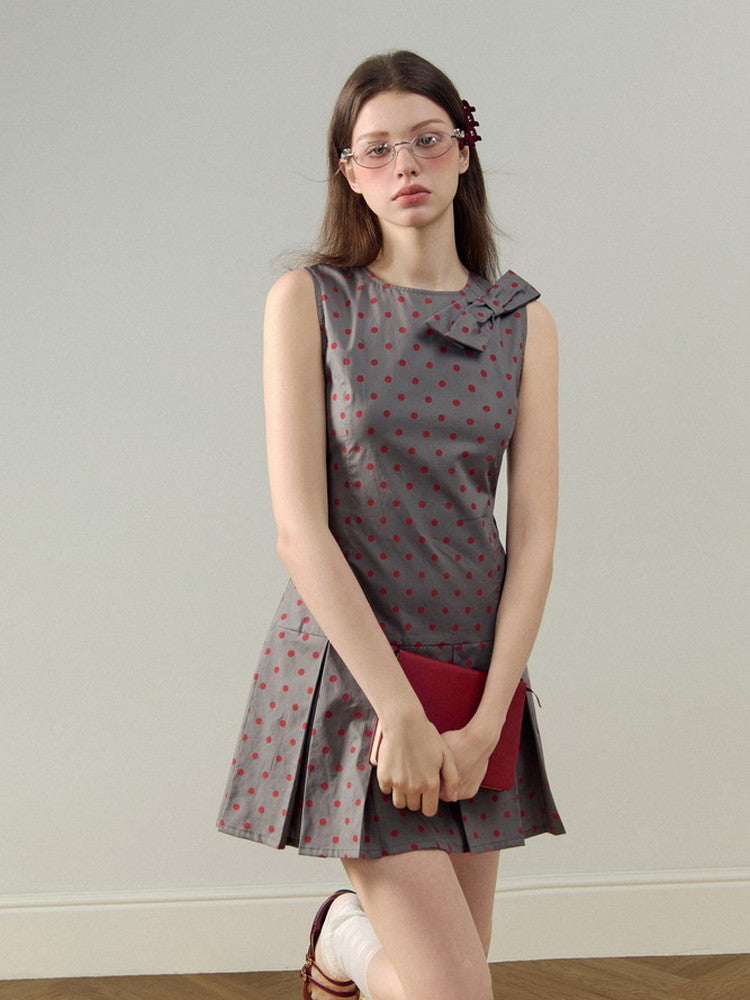 Ribbon Dot Pleats Short Retro No-Sleeve Dress