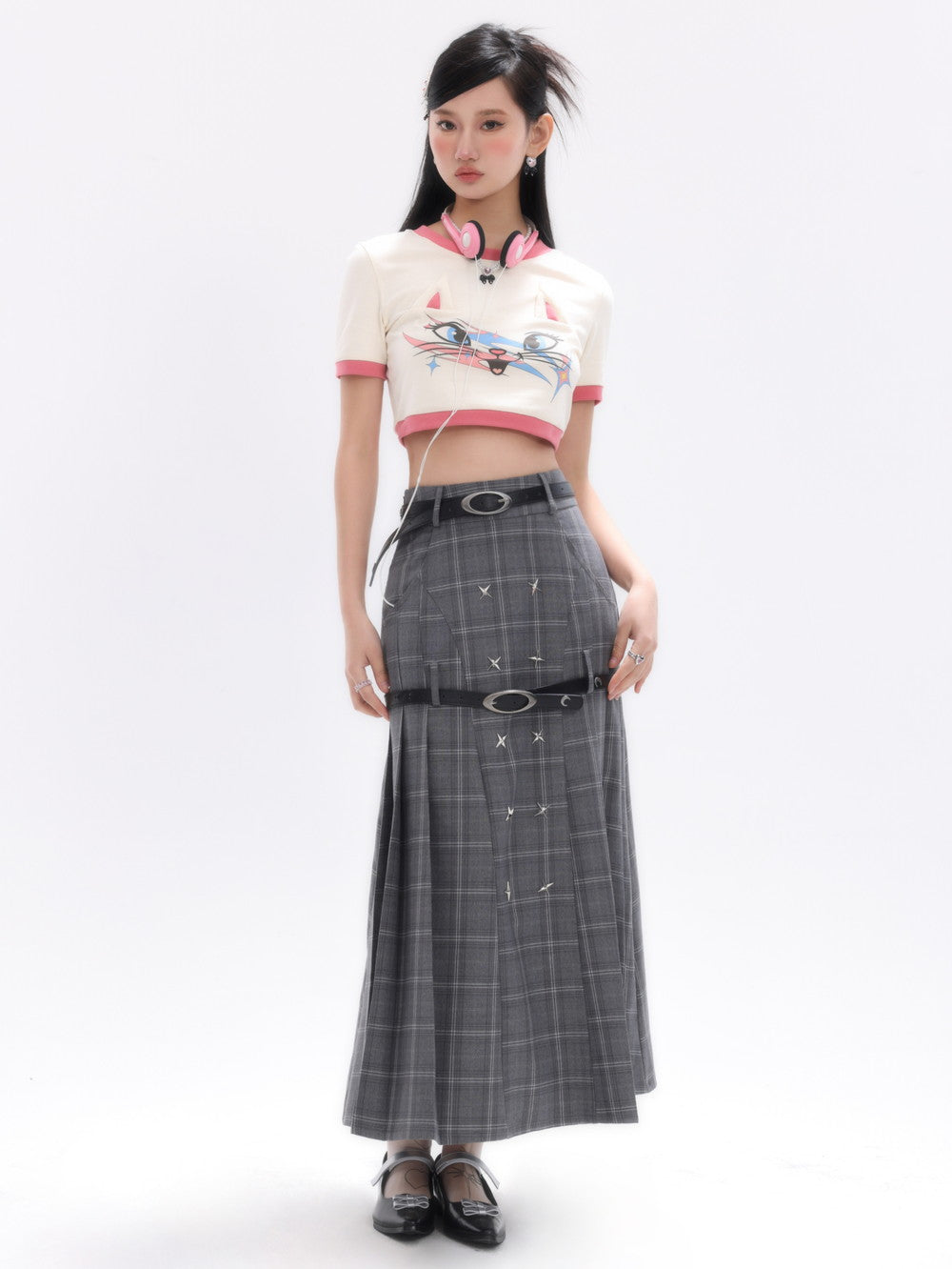 Checked Long Pleats Belt Flare-Skirt