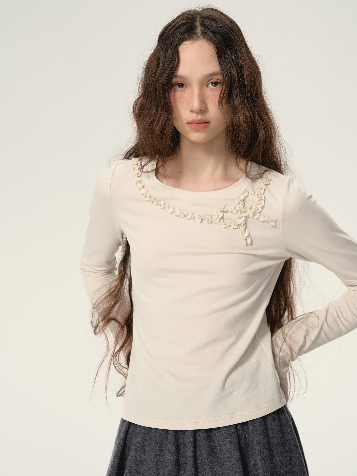 Ribbon Frill Round-Neck Natural Simple Cutsew