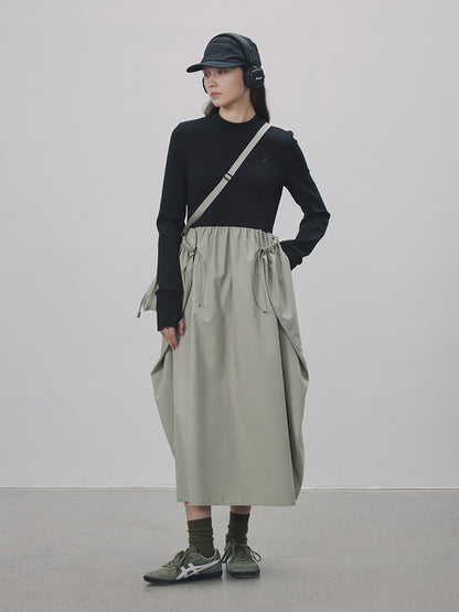 Contrast Drawstring Casual Long-One-Piece