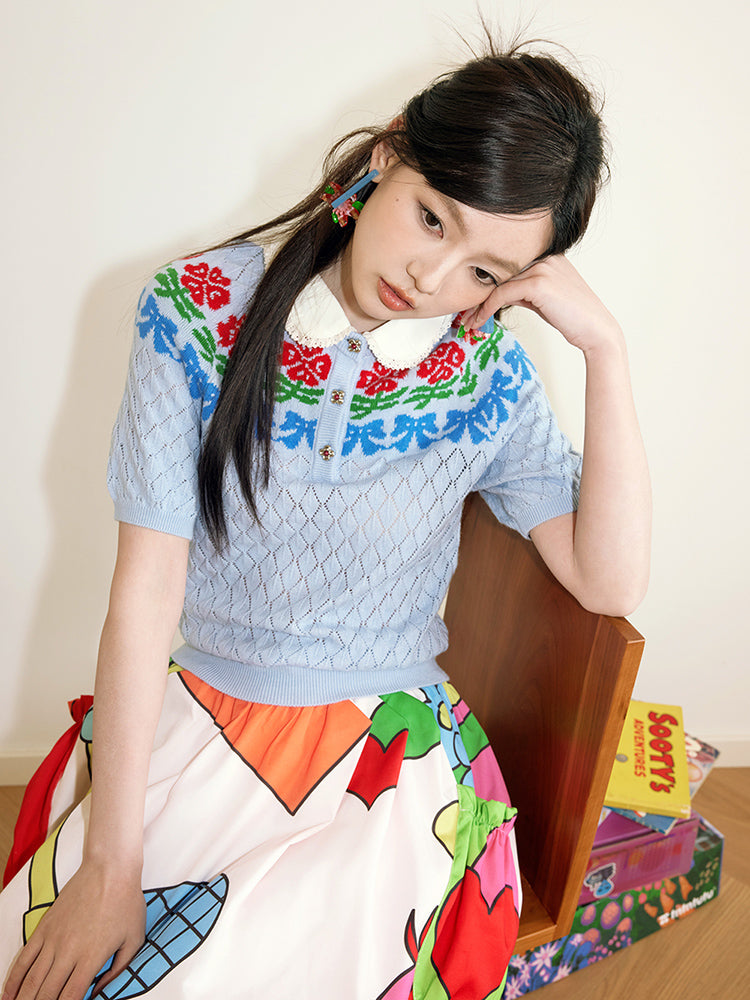 Flower Polo-Neck Retro Half-Sleeve Fancy Knit